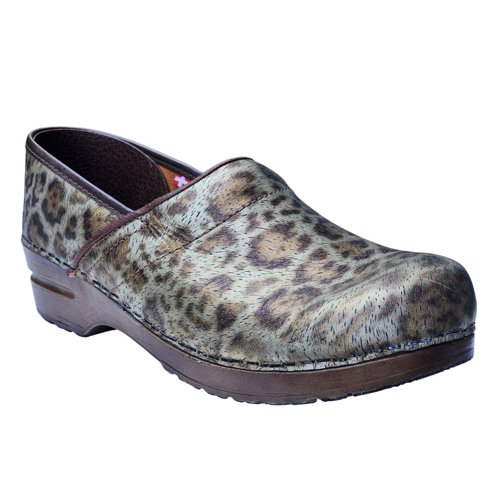 Sanita Lyon Professional Leopard Print Leather Clogs Brown Animal Print Shoes 41